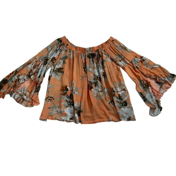 A Beautiful Soul Womens 1X Floral Top Ruffled Bell Sleeves Stretchy Beachy Boho - Picture 2 of 14